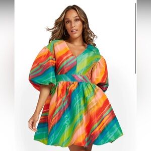 Watercolor-Print V-Neck Bubble Dress
Vibrant Multicolor  Dress